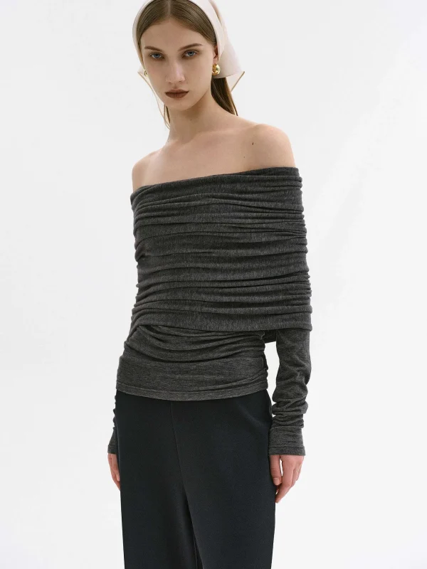 Source Unknown Accessories-Tova Off Shoulder Knit, Dark Grey Melange