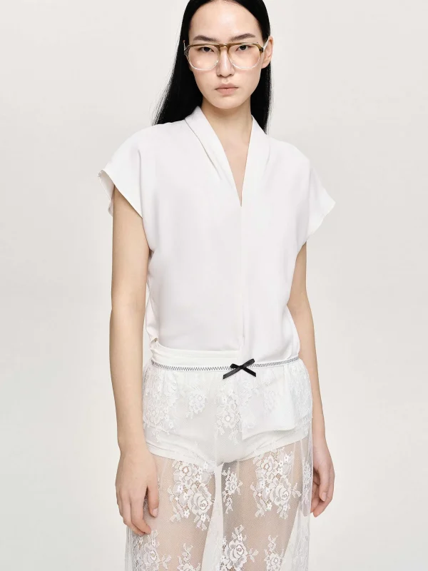 Source Unknown Clothing-V-Neck Crepe Blouse, White