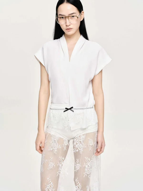 Source Unknown Clothing-V-Neck Crepe Blouse, White