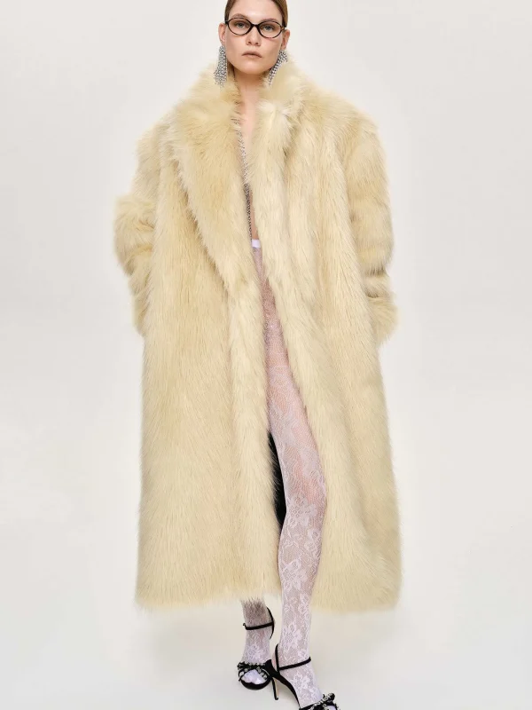 Source Unknown Clothing-Wallis Fur Oversized Grandpa Coat, Tuscan Cream