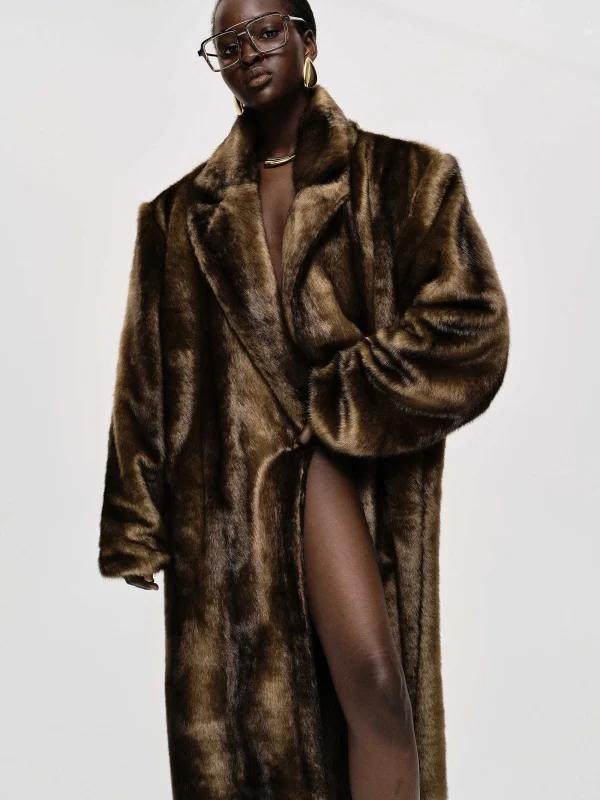 Source Unknown Clothing-Wallis Fur Oversized Grandpa Coat, Espresso