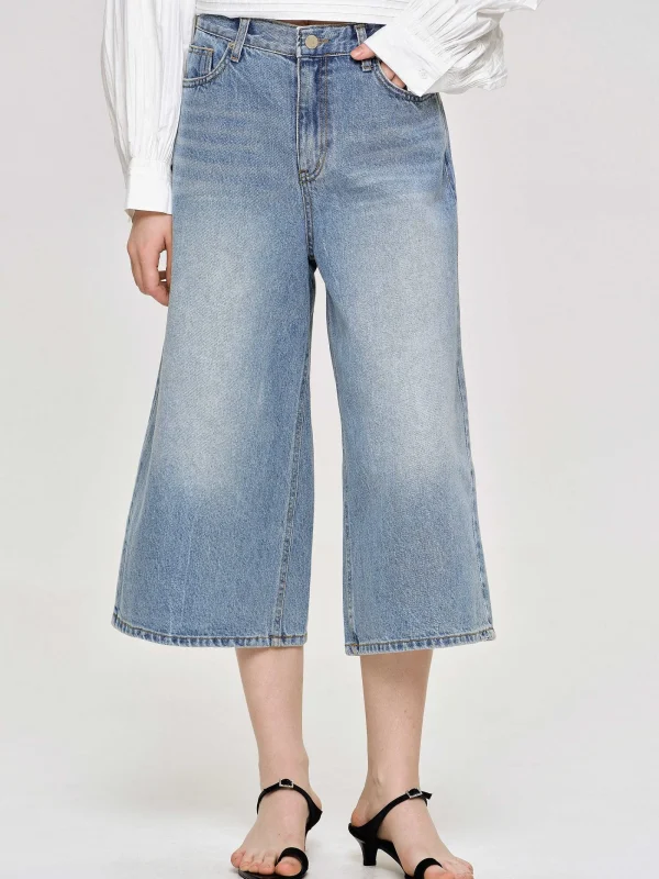 Source Unknown Clothing-Wide Cropped Jeans, Medium Blue